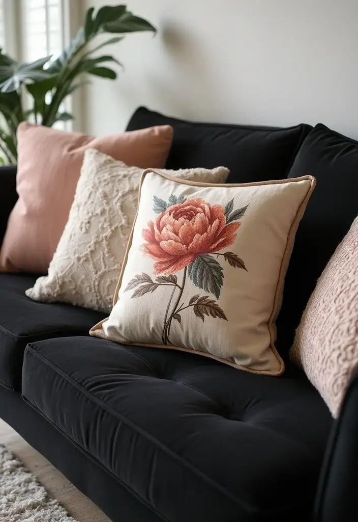 27 Throw Pillows for a Black Couch That Add Texture and Style 7 27 Throw Pillows for a Black Couch That Add Texture and Style - 7. Vintage Floral Prints
