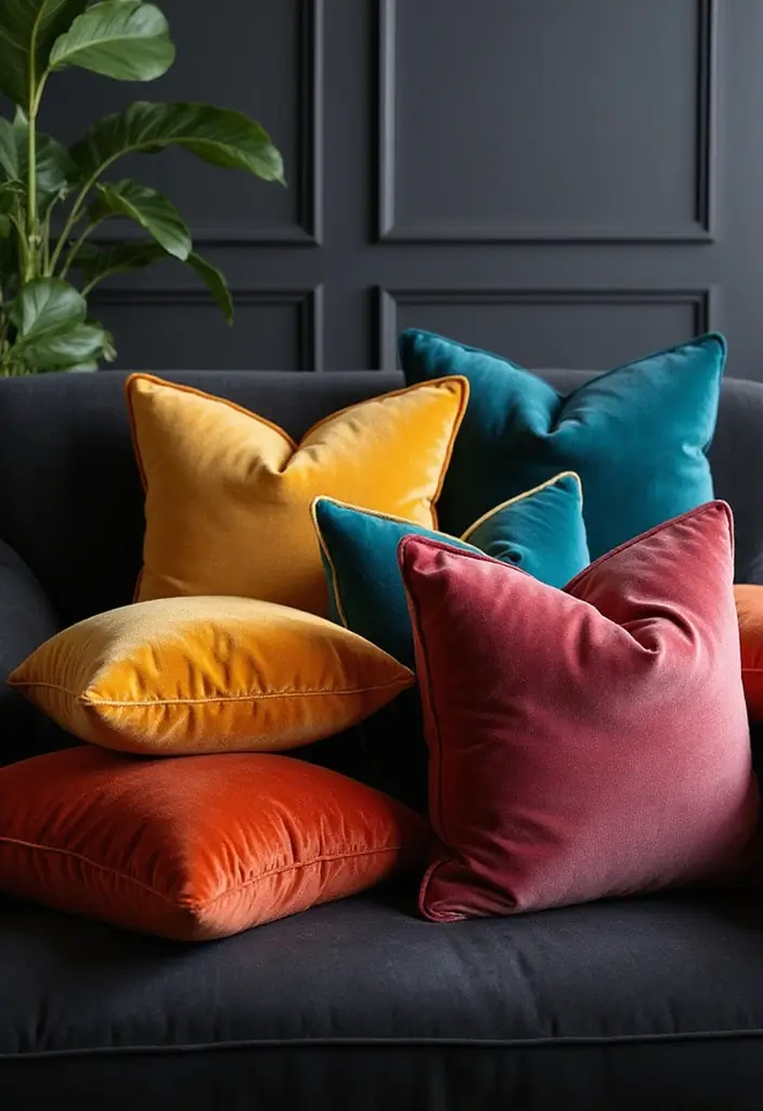 27 Throw Pillows for a Black Couch That Add Texture and Style 9 27 Throw Pillows for a Black Couch That Add Texture and Style - 9. Colorful Velvet