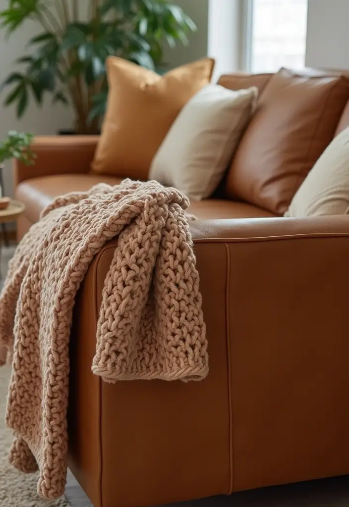 27 Throws for Brown Leather Sofas That Add Warmth and Contrast 1 27 Throws for Brown Leather Sofas That Add Warmth and Contrast - 1. Earthy Tones with a Chunky Knit