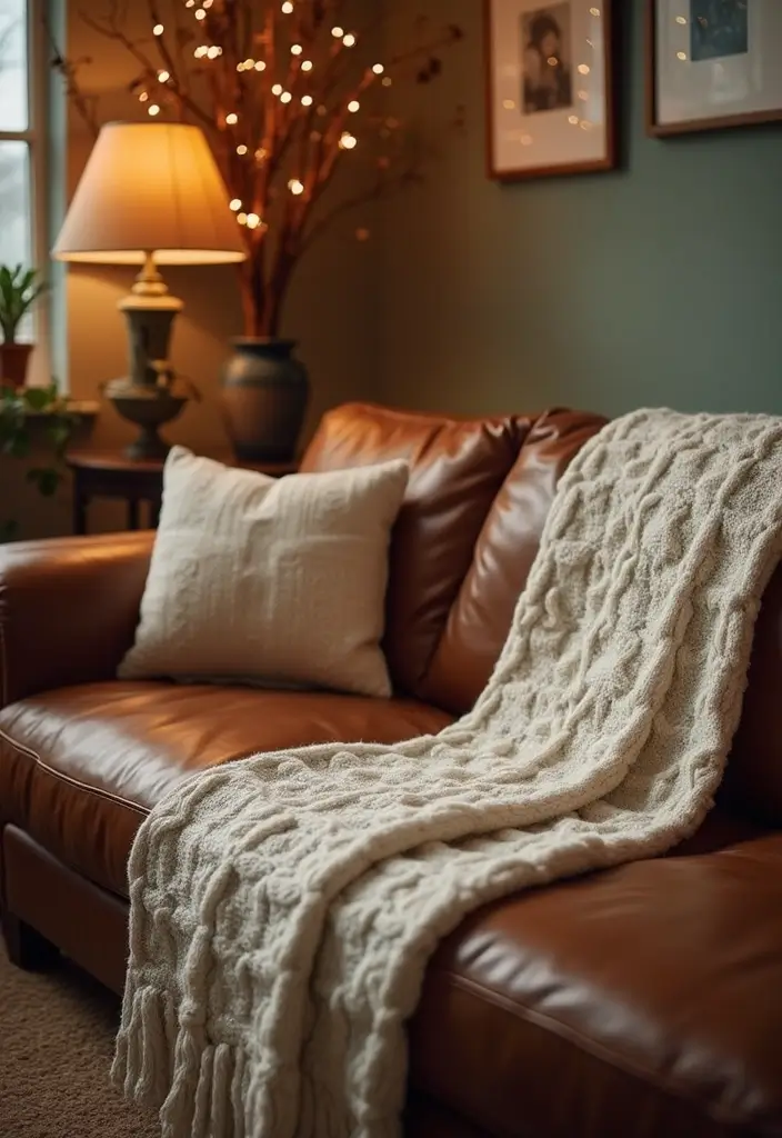 27 Throws for Brown Leather Sofas That Add Warmth and Contrast 10 27 Throws for Brown Leather Sofas That Add Warmth and Contrast - 10. Cozy Cable Knit