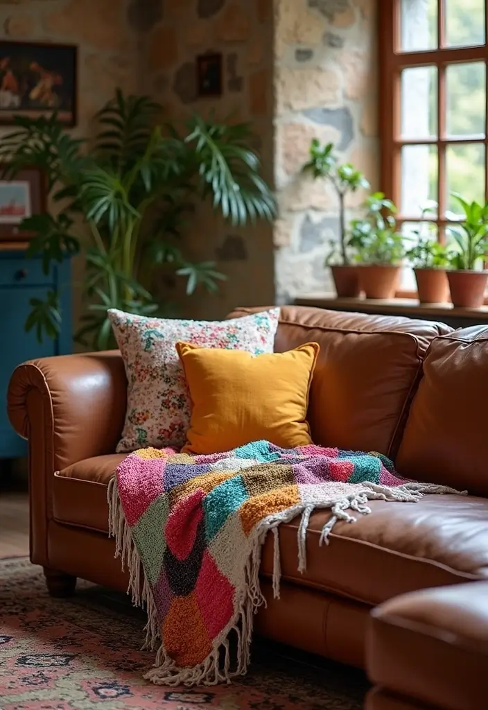 27 Throws for Brown Leather Sofas That Add Warmth and Contrast 12 27 Throws for Brown Leather Sofas That Add Warmth and Contrast - 12. Eclectic Patchwork Designs