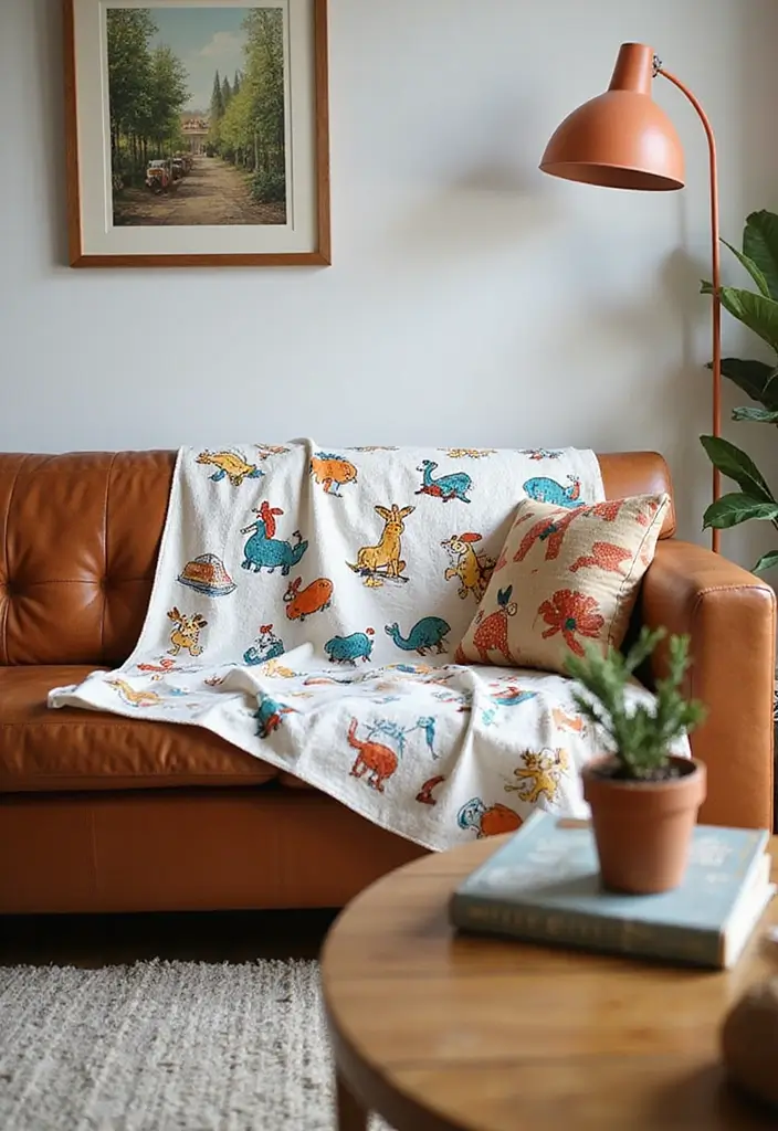 27 Throws for Brown Leather Sofas That Add Warmth and Contrast 15 27 Throws for Brown Leather Sofas That Add Warmth and Contrast - 15. Whimsical Illustrative Throws