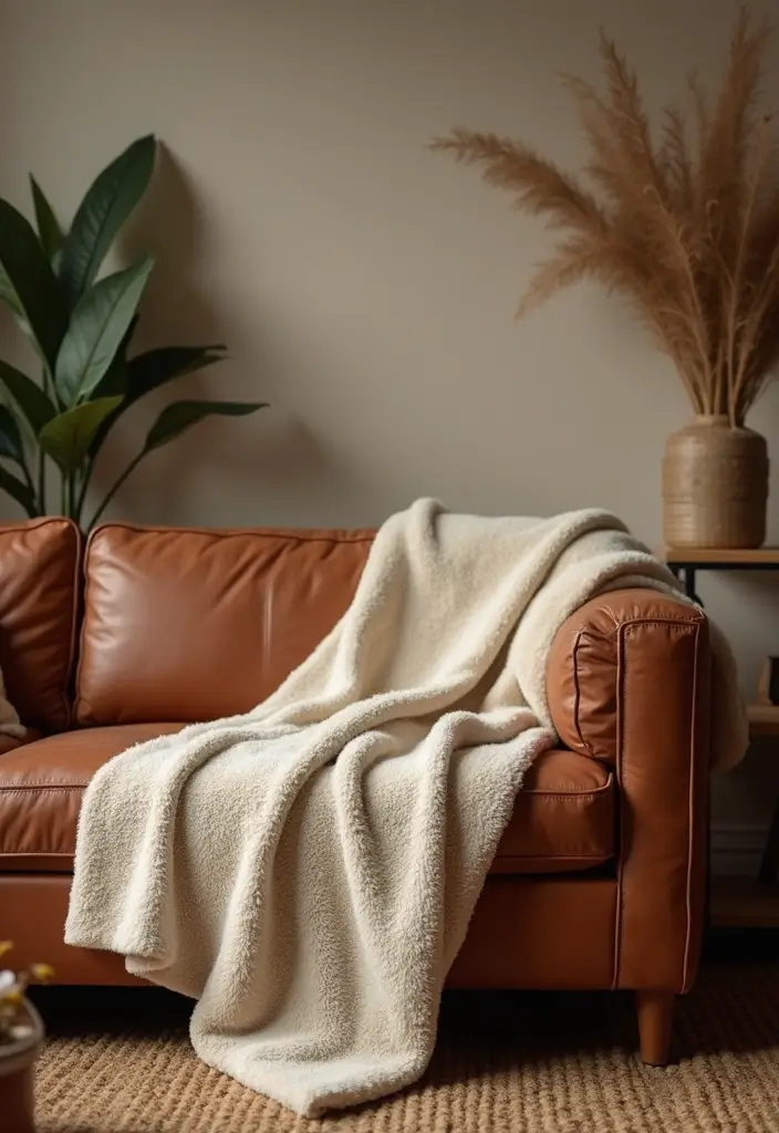 27 Throws for Brown Leather Sofas That Add Warmth and Contrast 16 27 Throws for Brown Leather Sofas That Add Warmth and Contrast - 16. Cozy Sherpa Throws