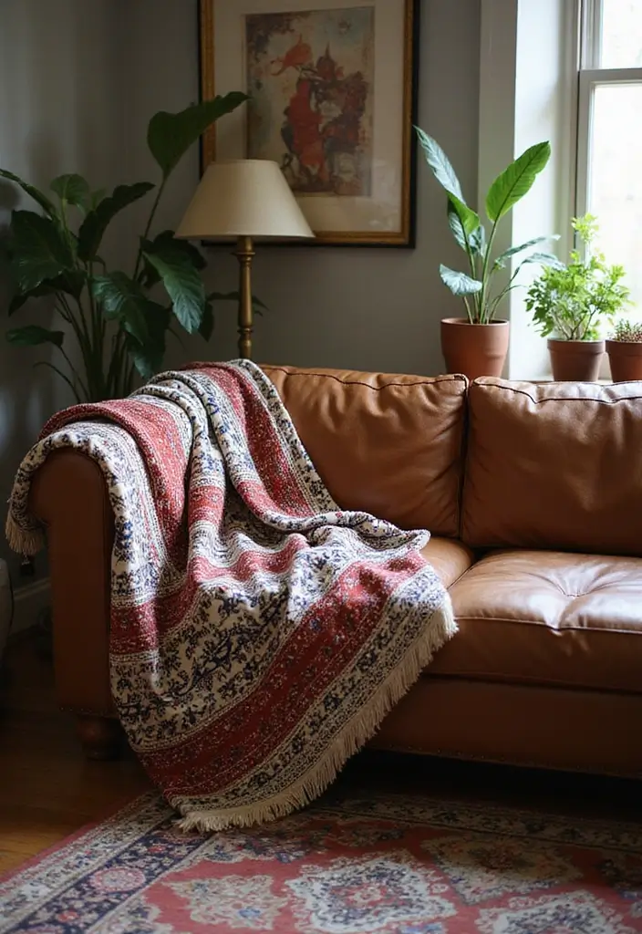 27 Throws for Brown Leather Sofas That Add Warmth and Contrast 18 27 Throws for Brown Leather Sofas That Add Warmth and Contrast - 18. Ethnic Tribal Prints