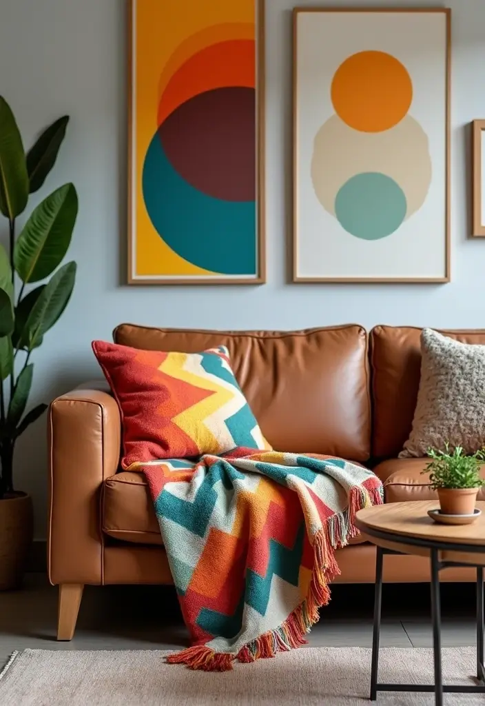 27 Throws for Brown Leather Sofas That Add Warmth and Contrast 2 27 Throws for Brown Leather Sofas That Add Warmth and Contrast - 2. Vibrant Geometric Patterns