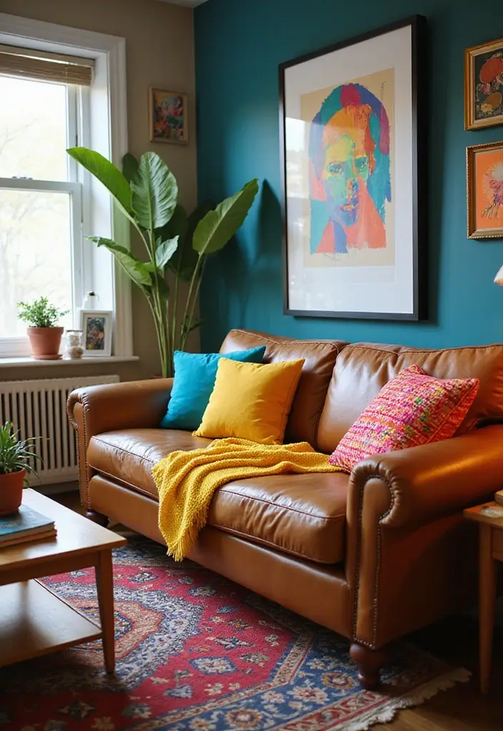 27 Throws for Brown Leather Sofas That Add Warmth and Contrast 20 27 Throws for Brown Leather Sofas That Add Warmth and Contrast - 20. Bright Neon Accents