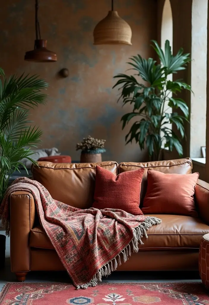27 Throws for Brown Leather Sofas That Add Warmth and Contrast 21 27 Throws for Brown Leather Sofas That Add Warmth and Contrast - 21. Vintage Moroccan Style