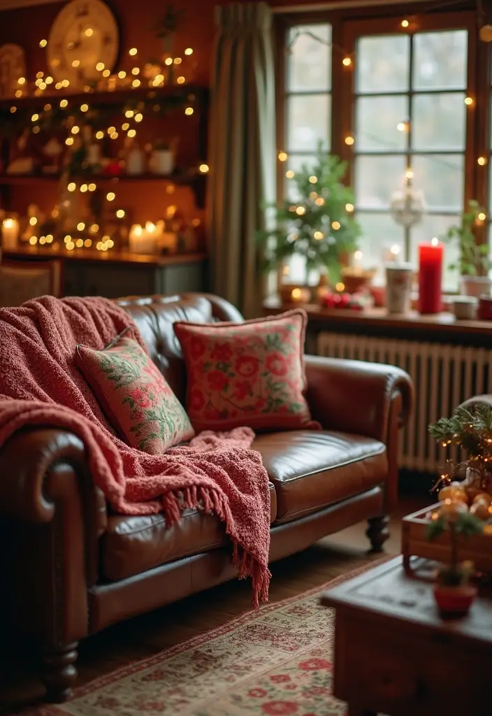 27 Throws for Brown Leather Sofas That Add Warmth and Contrast 22 27 Throws for Brown Leather Sofas That Add Warmth and Contrast - 22. Festive Holiday Throws
