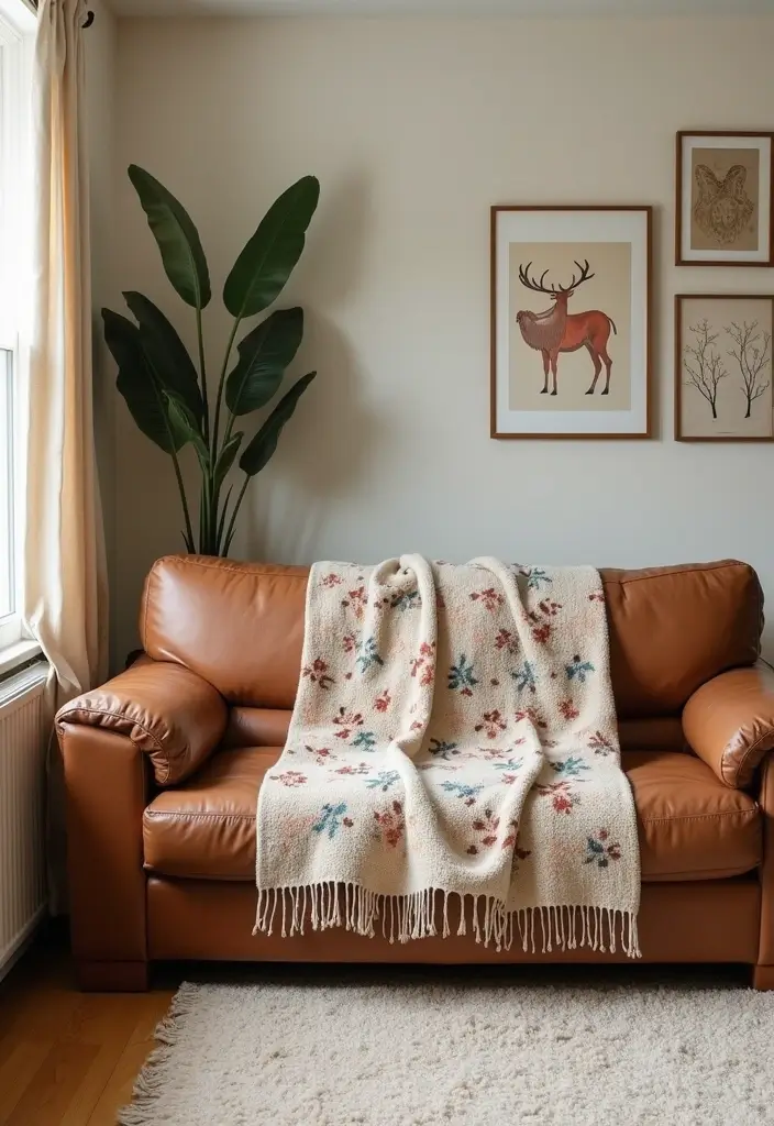 27 Throws for Brown Leather Sofas That Add Warmth and Contrast 23 27 Throws for Brown Leather Sofas That Add Warmth and Contrast - 23. Whimsical Nature Prints