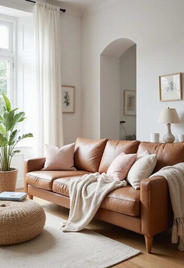 27 Throws for Brown Leather Sofas That Add Warmth and Contrast 3 27 Throws for Brown Leather Sofas That Add Warmth and Contrast - 3. Soft Pastels for a Light Touch
