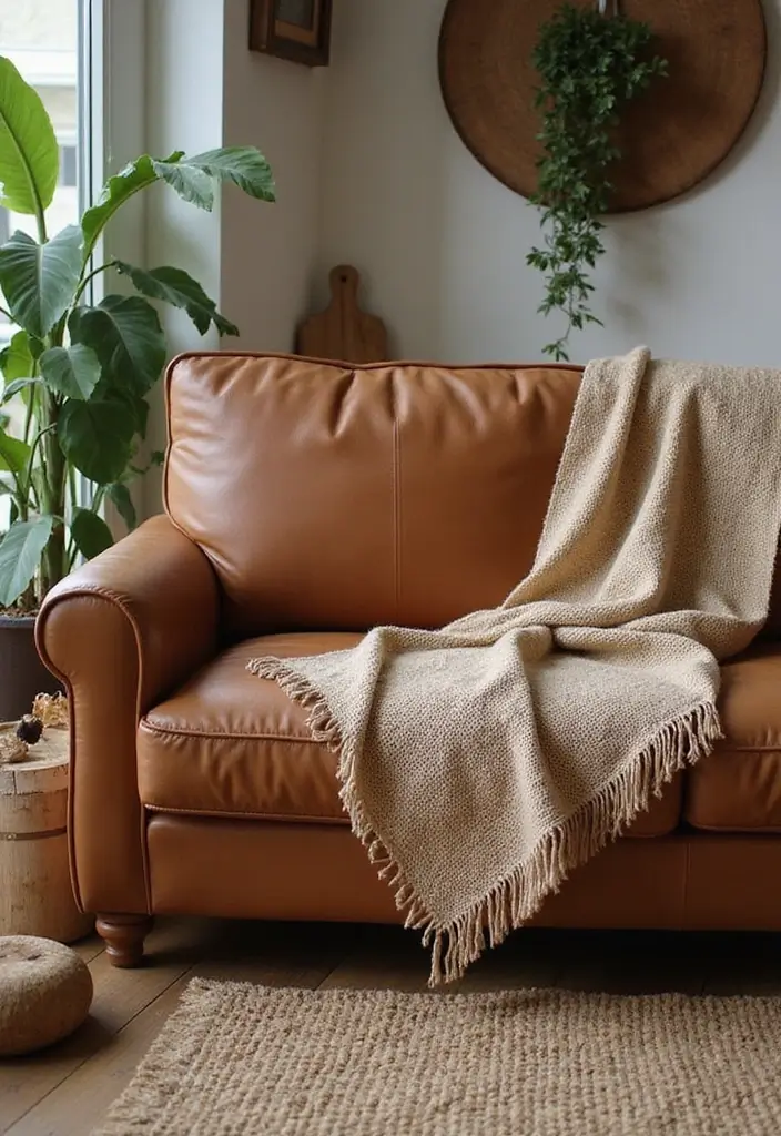 27 Throws for Brown Leather Sofas That Add Warmth and Contrast 7 27 Throws for Brown Leather Sofas That Add Warmth and Contrast - 7. Natural Texture with Jute
