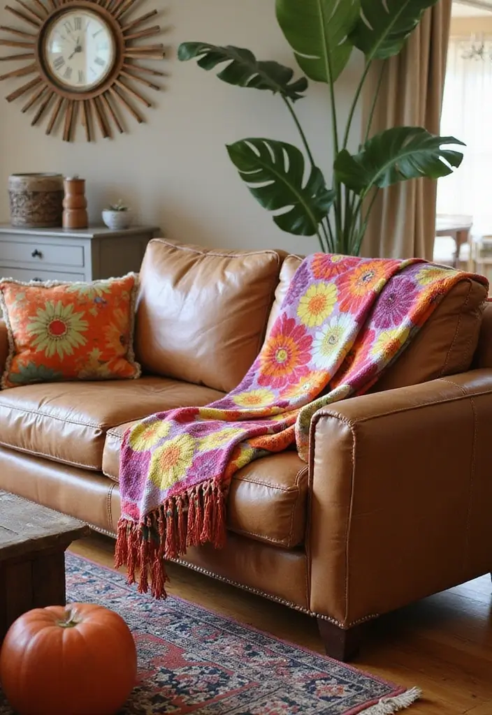 27 Throws for Brown Leather Sofas That Add Warmth and Contrast 8 27 Throws for Brown Leather Sofas That Add Warmth and Contrast - 8. Bold Floral Patterns