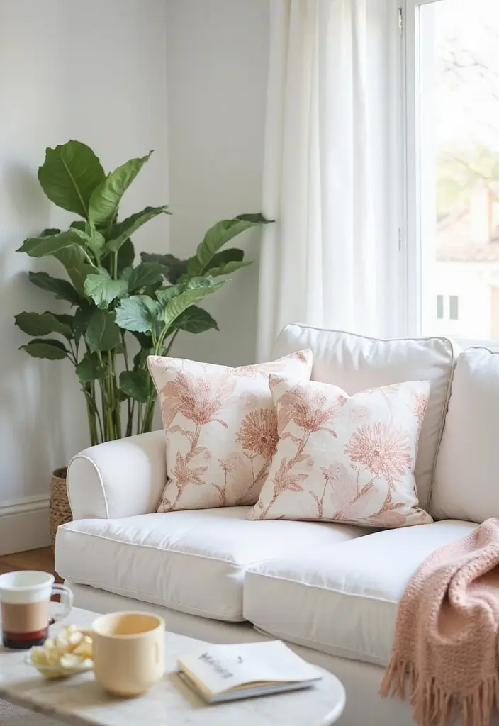 27 White Couch Pillow Ideas for a Clean Modern Feel 12 27 White Couch Pillow Ideas for a Clean Modern Feel - 12. Minimalist Floral Patterns