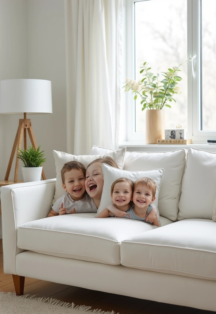 27 White Couch Pillow Ideas for a Clean Modern Feel 17 27 White Couch Pillow Ideas for a Clean Modern Feel - 17. Personalized Photo Pillows