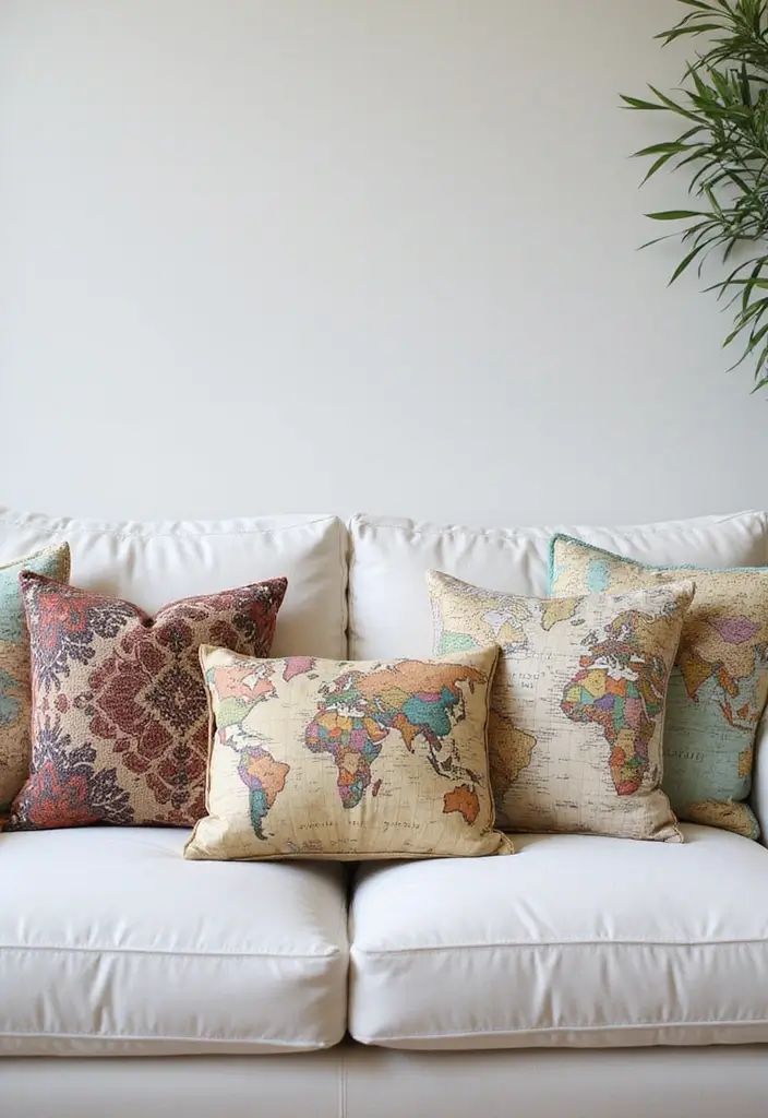 27 White Couch with Colorful Pillows Bright and Playful Decor Ideas 10 27 White Couch with Colorful Pillows Bright and Playful Decor Ideas - 10. Travel-Inspired Decor