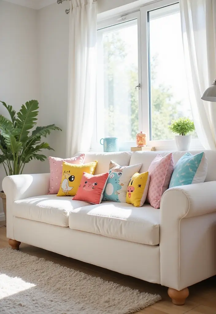 27 White Couch with Colorful Pillows Bright and Playful Decor Ideas 12 27 White Couch with Colorful Pillows Bright and Playful Decor Ideas - 12. Kids' Playful Palette