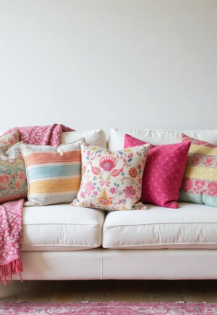 27 White Couch with Colorful Pillows Bright and Playful Decor Ideas 13 27 White Couch with Colorful Pillows Bright and Playful Decor Ideas - 13. Layered Patterns