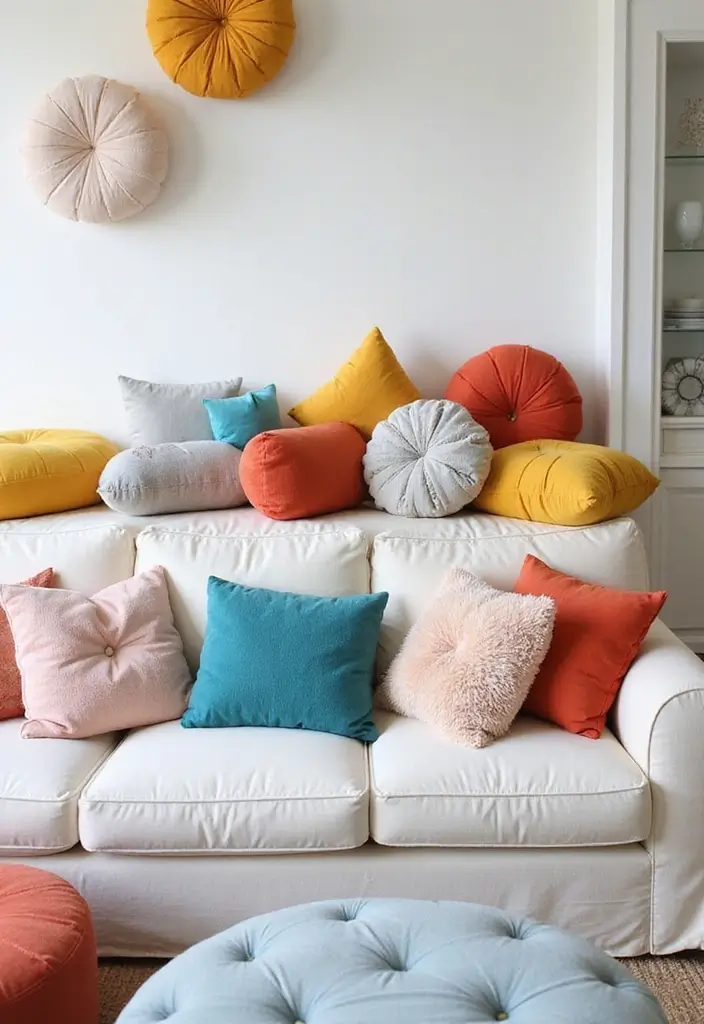 27 White Couch with Colorful Pillows Bright and Playful Decor Ideas 14 27 White Couch with Colorful Pillows Bright and Playful Decor Ideas - 14. Accent with Unique Shapes