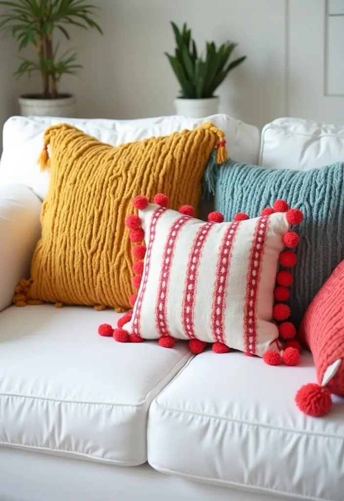 27 White Couch with Colorful Pillows Bright and Playful Decor Ideas 15 27 White Couch with Colorful Pillows Bright and Playful Decor Ideas - 15. Colorful Fringe and Pom-Poms