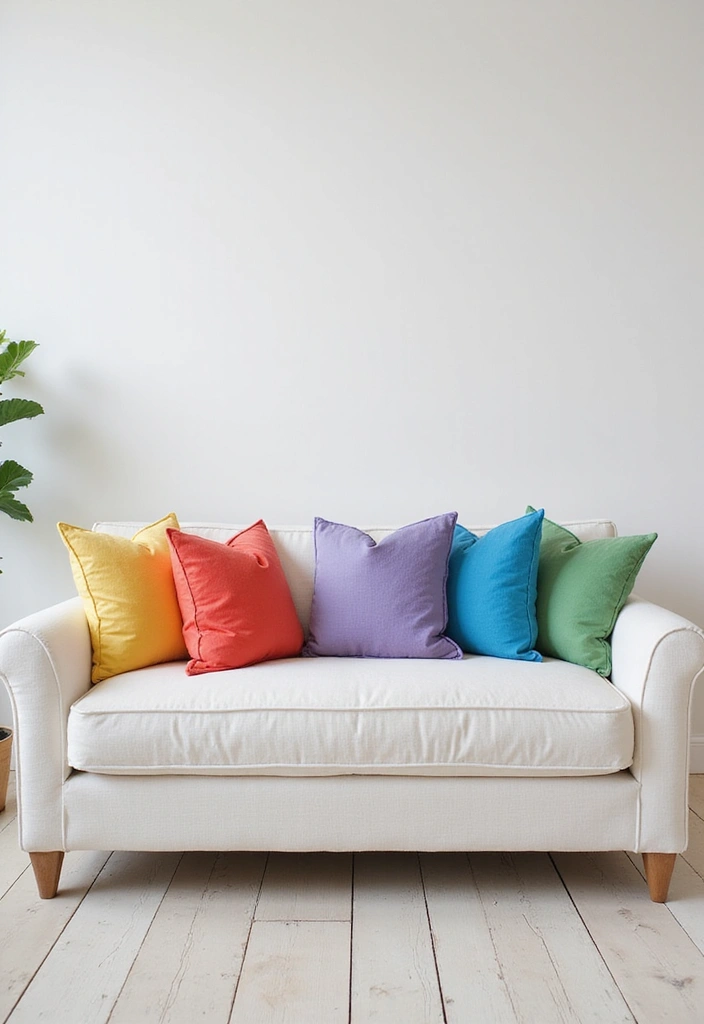 27 White Couch with Colorful Pillows Bright and Playful Decor Ideas 16 27 White Couch with Colorful Pillows Bright and Playful Decor Ideas - 16. Playful Color Gradients