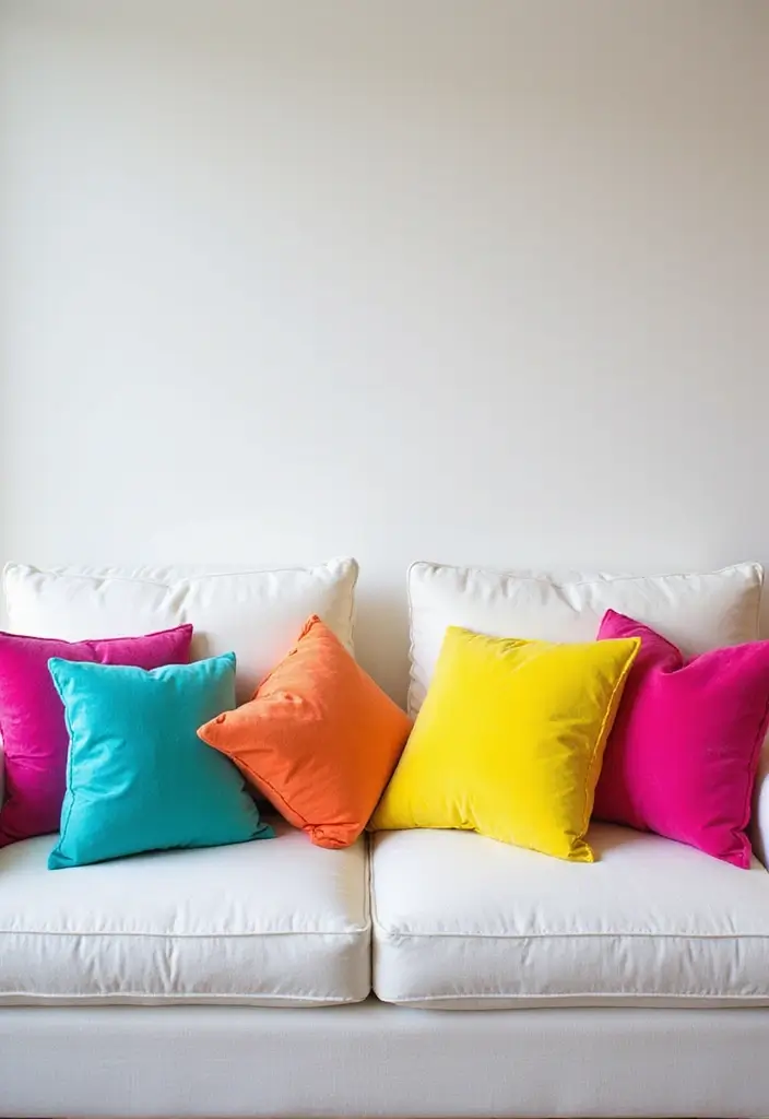 27 White Couch with Colorful Pillows Bright and Playful Decor Ideas 18 27 White Couch with Colorful Pillows Bright and Playful Decor Ideas - 18. Bright Neon Touches