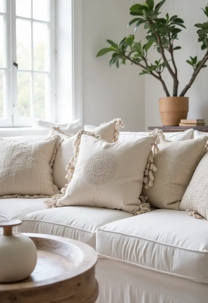 27 White Couch with Colorful Pillows Bright and Playful Decor Ideas 21 27 White Couch with Colorful Pillows Bright and Playful Decor Ideas - 21. Upscaling with Artisan Touches