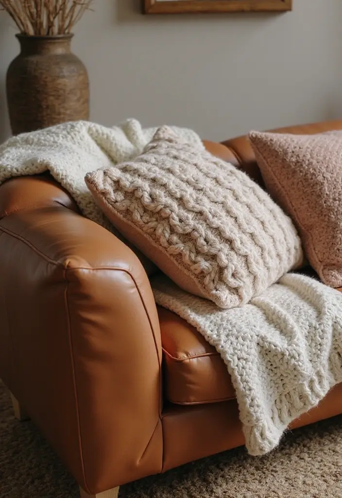 28 Brown Leather Couch Pillow Ideas That Add Texture and Warmth 1 28 Brown Leather Couch Pillow Ideas That Add Texture and Warmth - 1. Textured Knitted Pillows