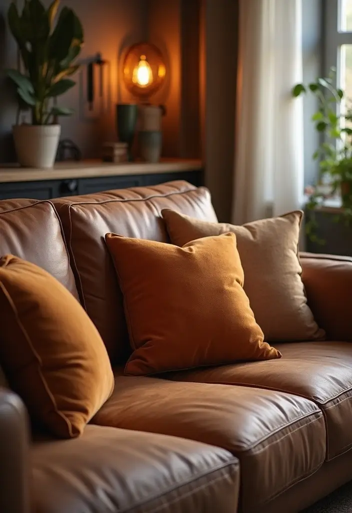 28 Brown Leather Couch Pillow Ideas That Add Texture and Warmth 10 28 Brown Leather Couch Pillow Ideas That Add Texture and Warmth - 10. Warmly Textured Suede