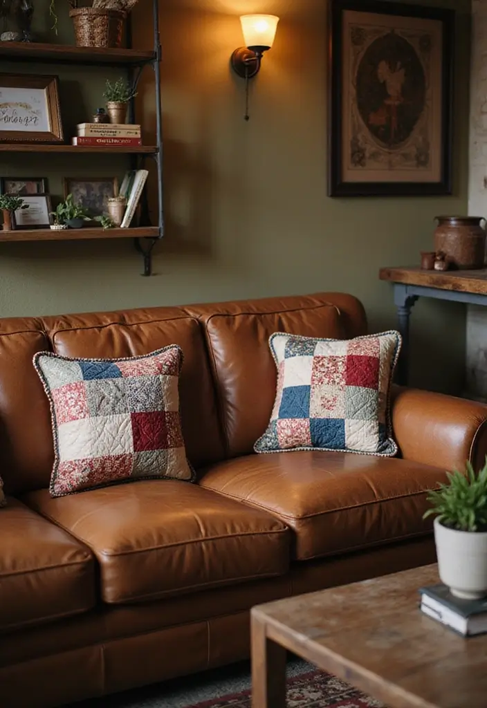 28 Brown Leather Couch Pillow Ideas That Add Texture and Warmth 11 28 Brown Leather Couch Pillow Ideas That Add Texture and Warmth - 11. Vintage Quilt Pillows