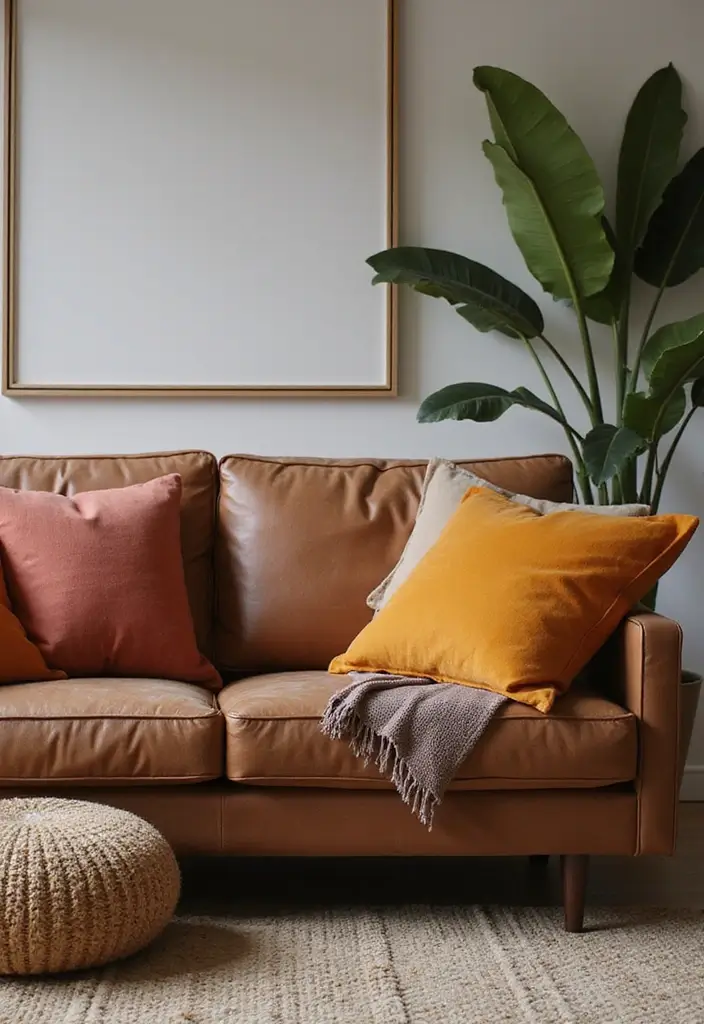 28 Brown Leather Couch Pillow Ideas That Add Texture and Warmth 13 28 Brown Leather Couch Pillow Ideas That Add Texture and Warmth - 13. Bold Solid Colors
