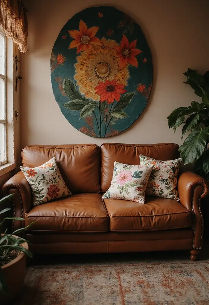 28 Brown Leather Couch Pillow Ideas That Add Texture and Warmth 15 28 Brown Leather Couch Pillow Ideas That Add Texture and Warmth - 15. Artistic Hand-Painted Pillows