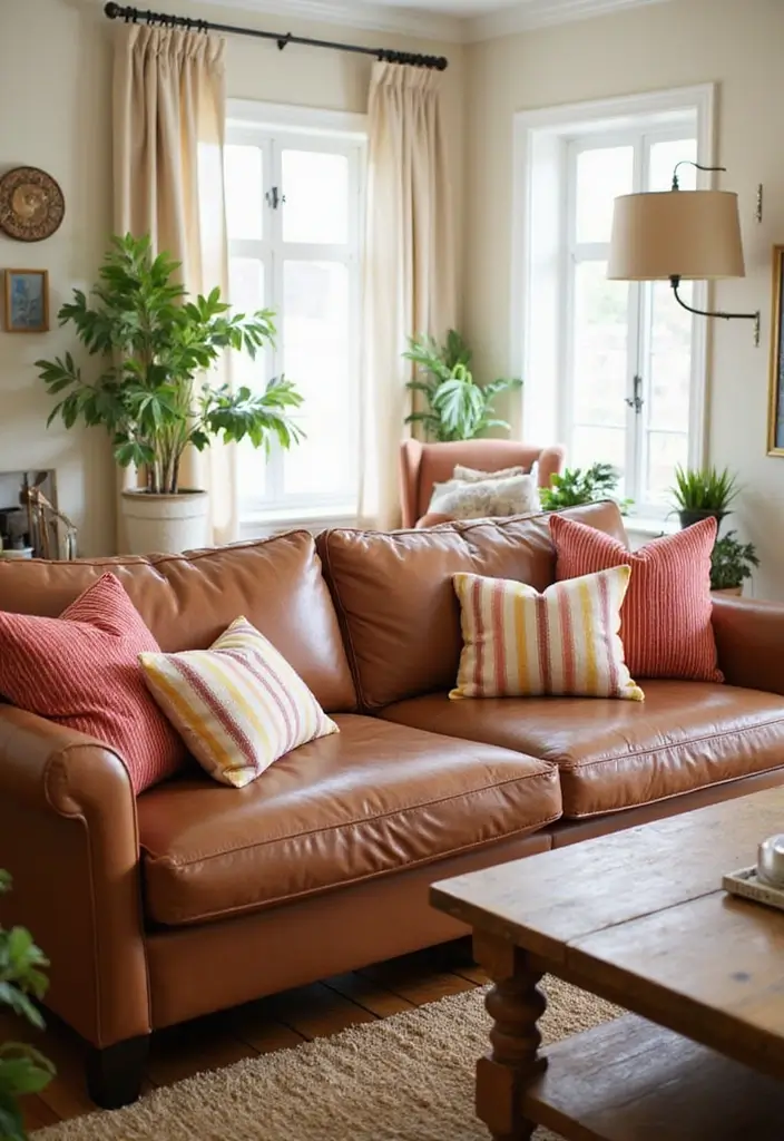 28 Brown Leather Couch Pillow Ideas That Add Texture and Warmth 16 28 Brown Leather Couch Pillow Ideas That Add Texture and Warmth - 16. Soft Candy Stripes