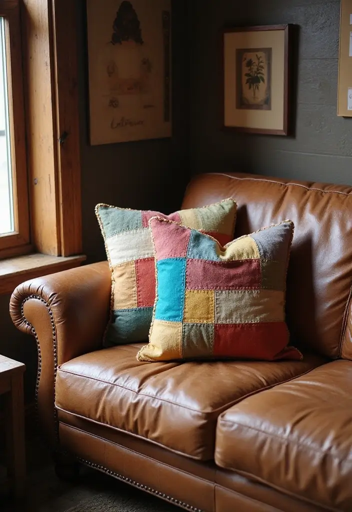 28 Brown Leather Couch Pillow Ideas That Add Texture and Warmth 17 28 Brown Leather Couch Pillow Ideas That Add Texture and Warmth - 17. Patchwork Throw Pillows
