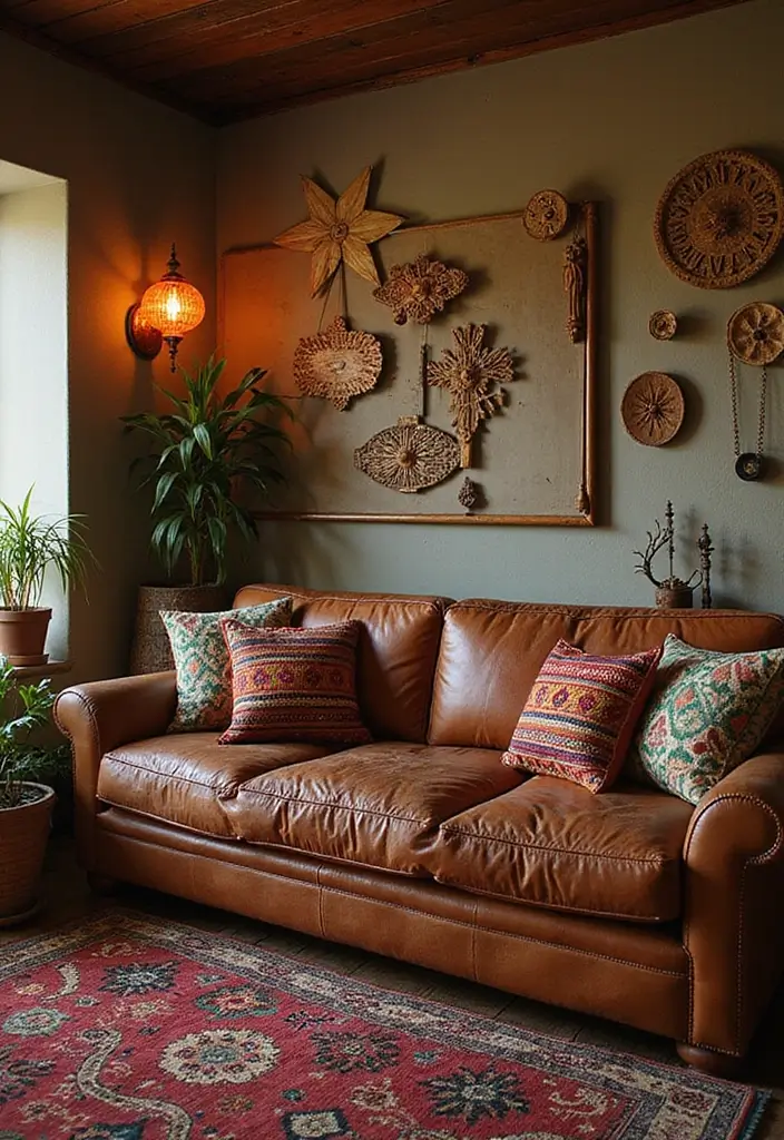 28 Brown Leather Couch Pillow Ideas That Add Texture and Warmth 18 28 Brown Leather Couch Pillow Ideas That Add Texture and Warmth - 18. Ethnic Tribal Prints