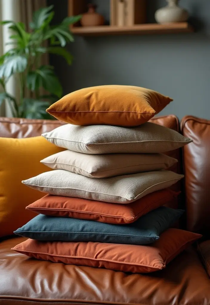 28 Brown Leather Couch Pillow Ideas That Add Texture and Warmth 19 28 Brown Leather Couch Pillow Ideas That Add Texture and Warmth - 19. Layered Textures