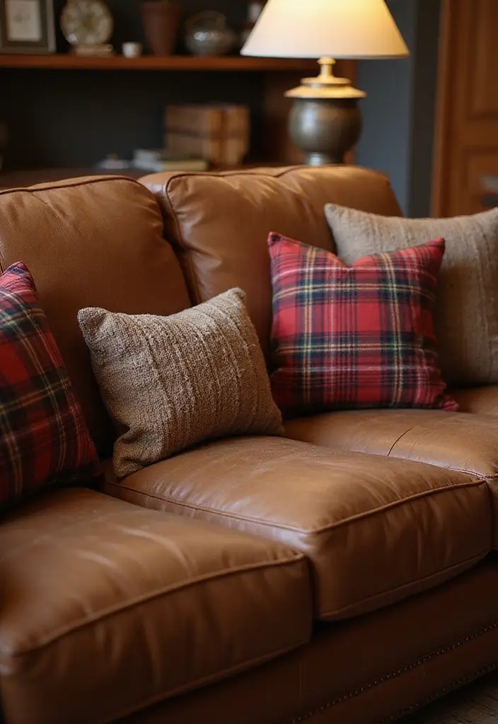 28 Brown Leather Couch Pillow Ideas That Add Texture and Warmth 2 28 Brown Leather Couch Pillow Ideas That Add Texture and Warmth - 2. Rustic Plaid Pillows