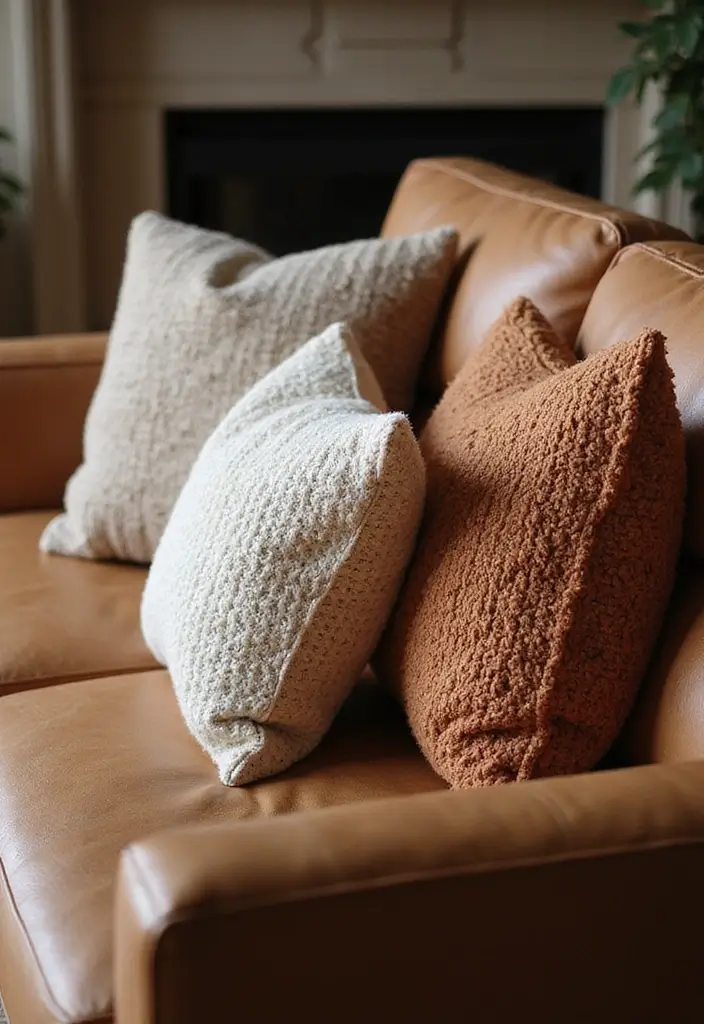 28 Brown Leather Couch Pillow Ideas That Add Texture and Warmth 22 28 Brown Leather Couch Pillow Ideas That Add Texture and Warmth - 22. Classic Boucle Pillows