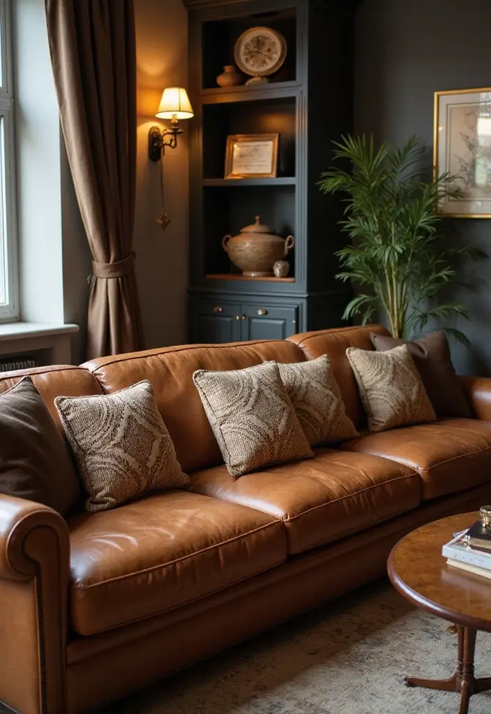 28 Brown Leather Couch Pillow Ideas That Add Texture and Warmth 25 28 Brown Leather Couch Pillow Ideas That Add Texture and Warmth - 25. Art Deco Glam
