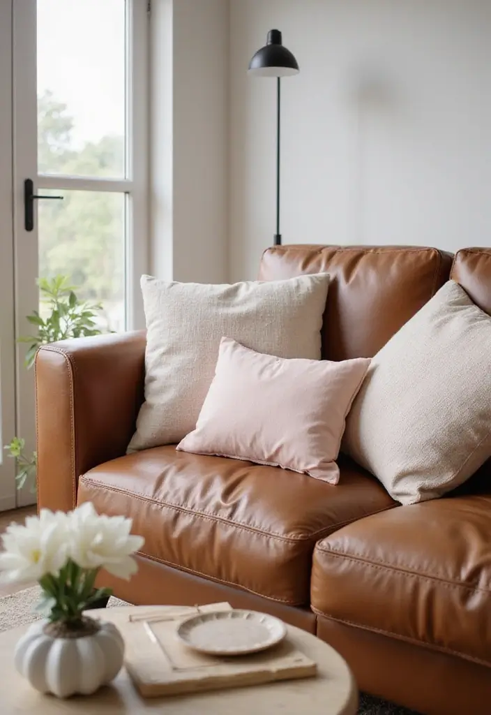 28 Brown Leather Couch Pillow Ideas That Add Texture and Warmth 26 28 Brown Leather Couch Pillow Ideas That Add Texture and Warmth - 26. Soft Pastel Hues
