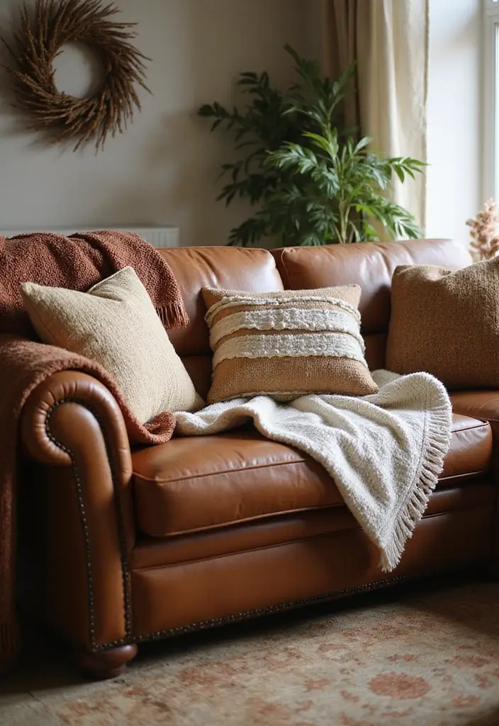 28 Brown Leather Couch Pillow Ideas That Add Texture and Warmth 27 28 Brown Leather Couch Pillow Ideas That Add Texture and Warmth - 27. Cozy Layered Throws