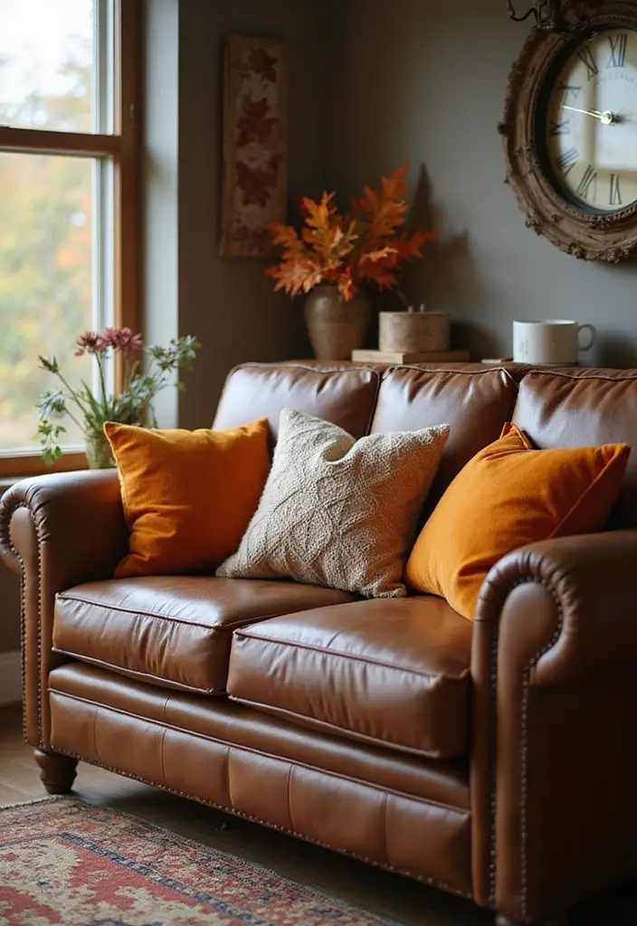28 Brown Leather Couch Pillow Ideas That Add Texture and Warmth 28 28 Brown Leather Couch Pillow Ideas That Add Texture and Warmth - 28. Seasonal Decor Pillows