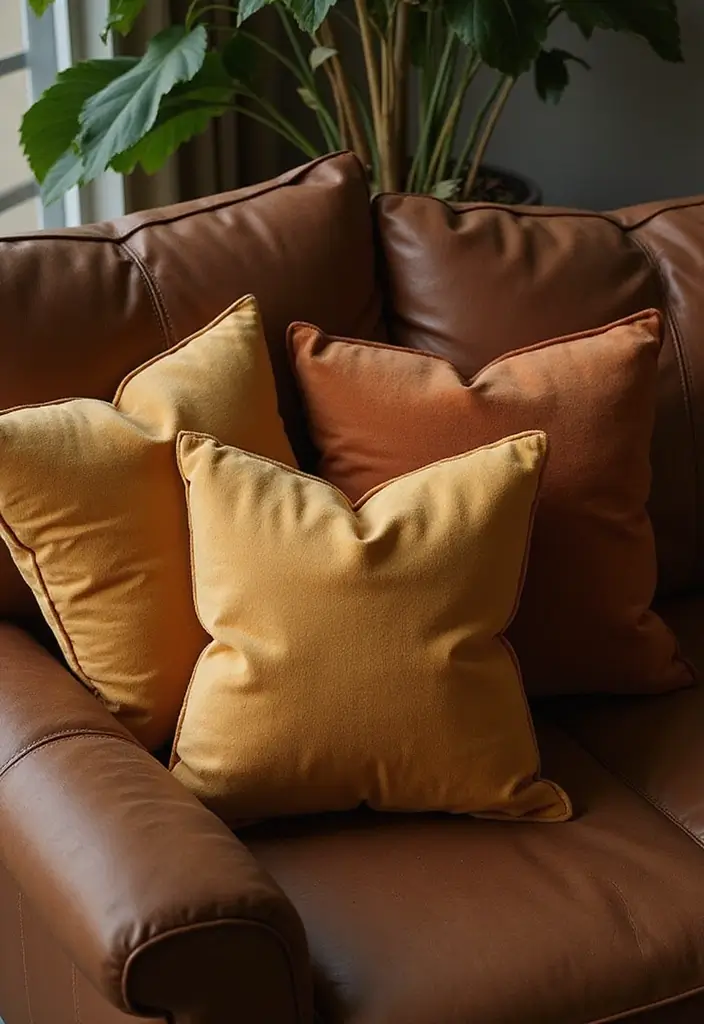 28 Brown Leather Couch Pillow Ideas That Add Texture and Warmth 3 28 Brown Leather Couch Pillow Ideas That Add Texture and Warmth - 3. Earthy Velvet Accents