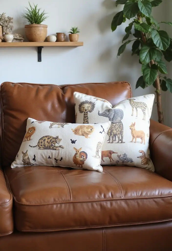 28 Brown Leather Couch Pillow Ideas That Add Texture and Warmth 4 28 Brown Leather Couch Pillow Ideas That Add Texture and Warmth - 4. Whimsical Animal Prints