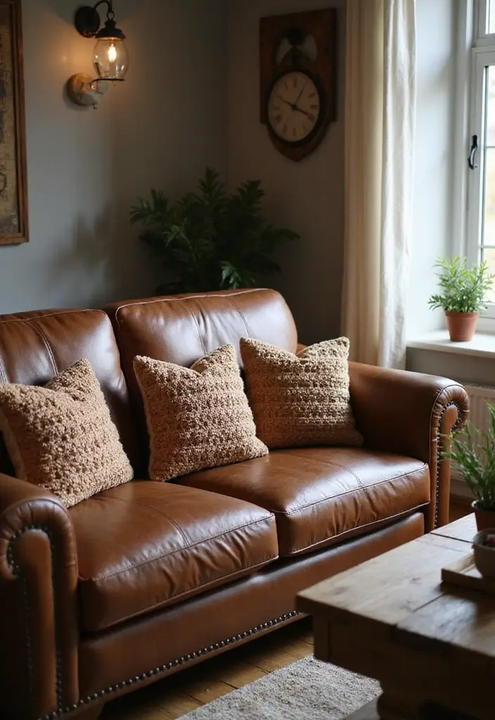 28 Brown Leather Couch Pillow Ideas That Add Texture and Warmth 5 28 Brown Leather Couch Pillow Ideas That Add Texture and Warmth - 5. Chunky Crochet Pillows