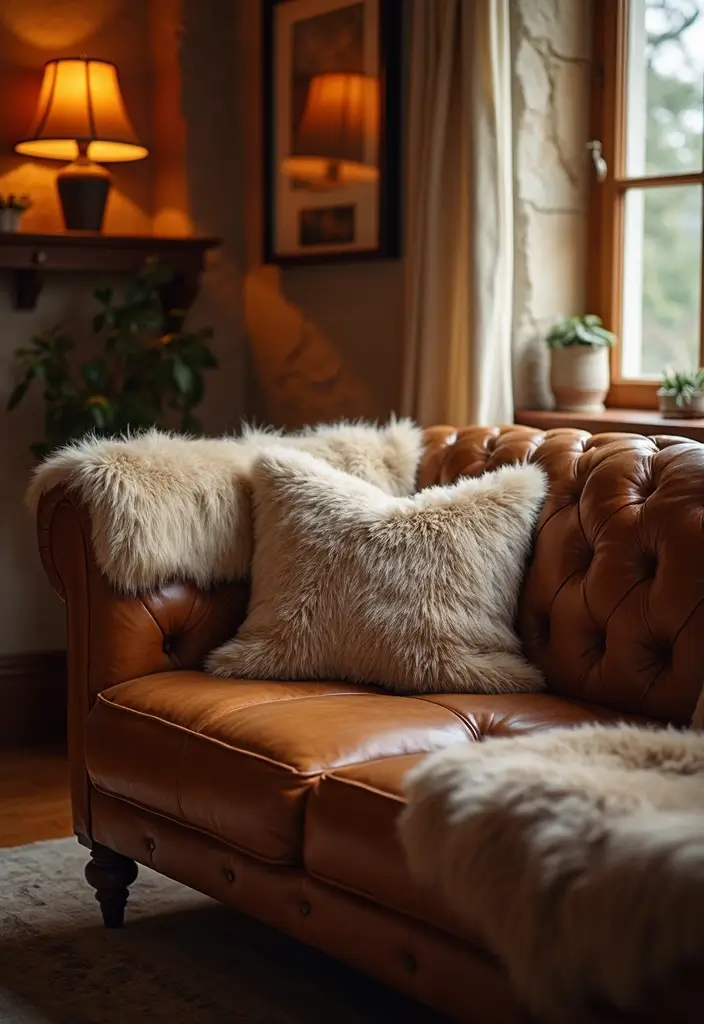 28 Brown Leather Couch Pillow Ideas That Add Texture and Warmth 8 28 Brown Leather Couch Pillow Ideas That Add Texture and Warmth - 8. Faux Fur Comfort