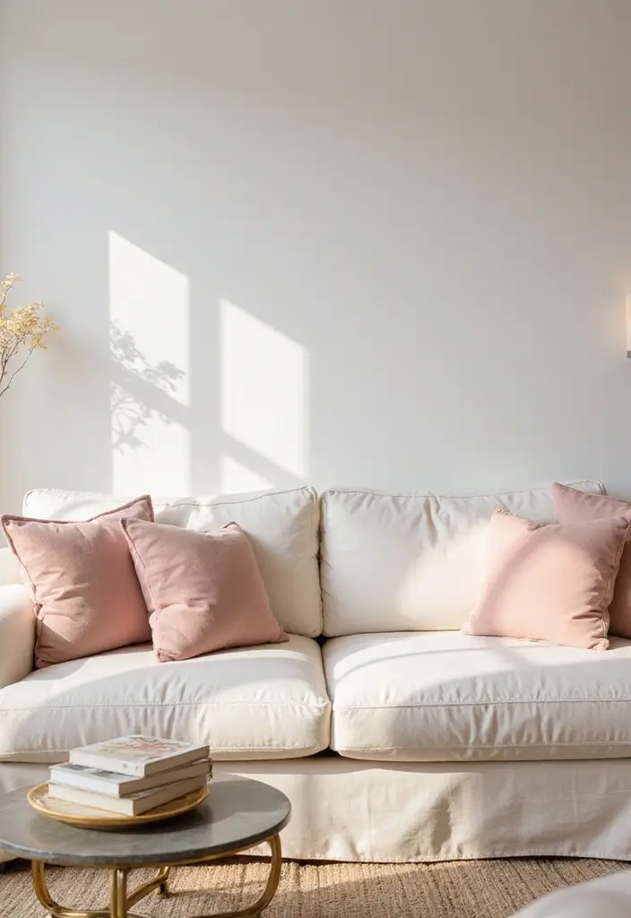 28 Cream Couch Pillow Color Schemes That Feel Calm and Modern 11 28 Cream Couch Pillow Color Schemes That Feel Calm and Modern - 11. Blush and Cream Elegance