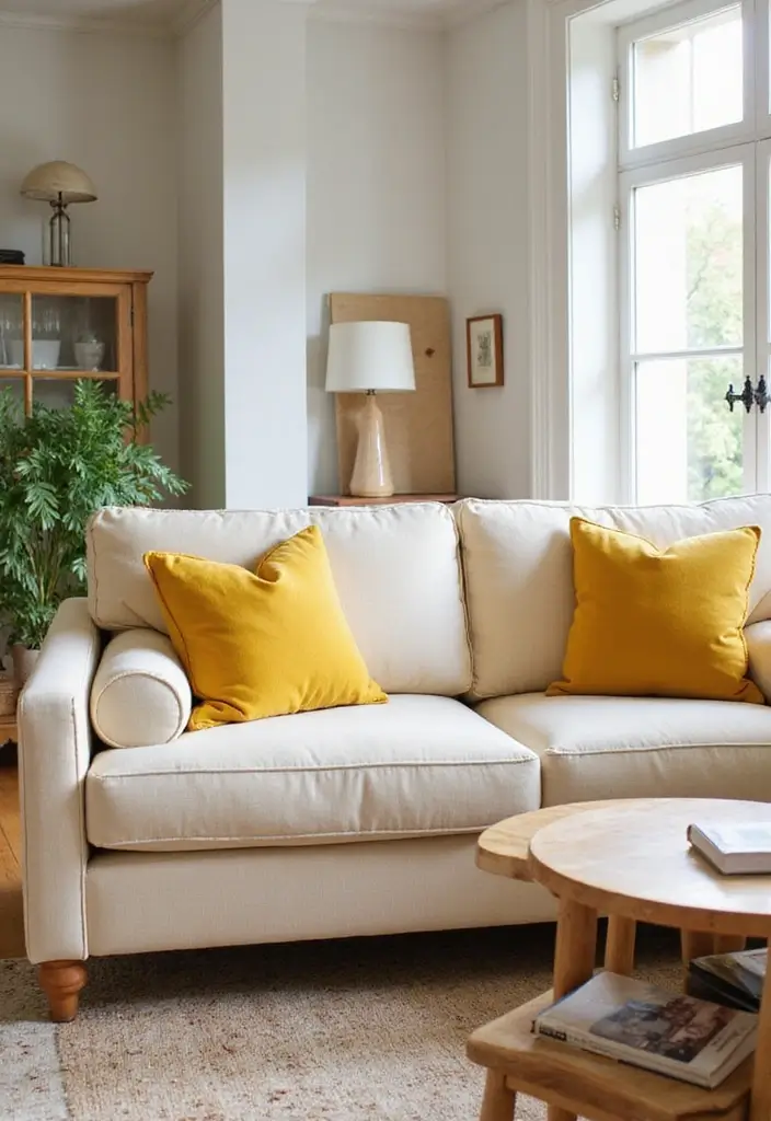 28 Cream Couch Pillow Color Schemes That Feel Calm and Modern 12 28 Cream Couch Pillow Color Schemes That Feel Calm and Modern - 12. Mustard Yellow and Cream