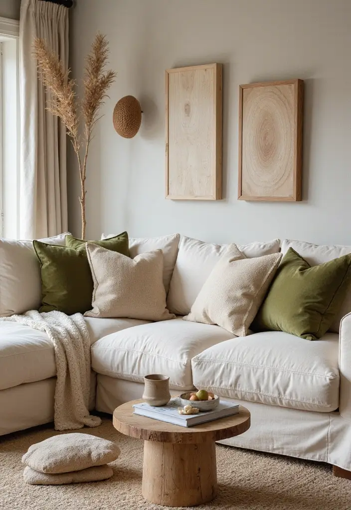 28 Cream Couch Pillow Color Schemes That Feel Calm and Modern 13 28 Cream Couch Pillow Color Schemes That Feel Calm and Modern - 13. Olive Green and Cream