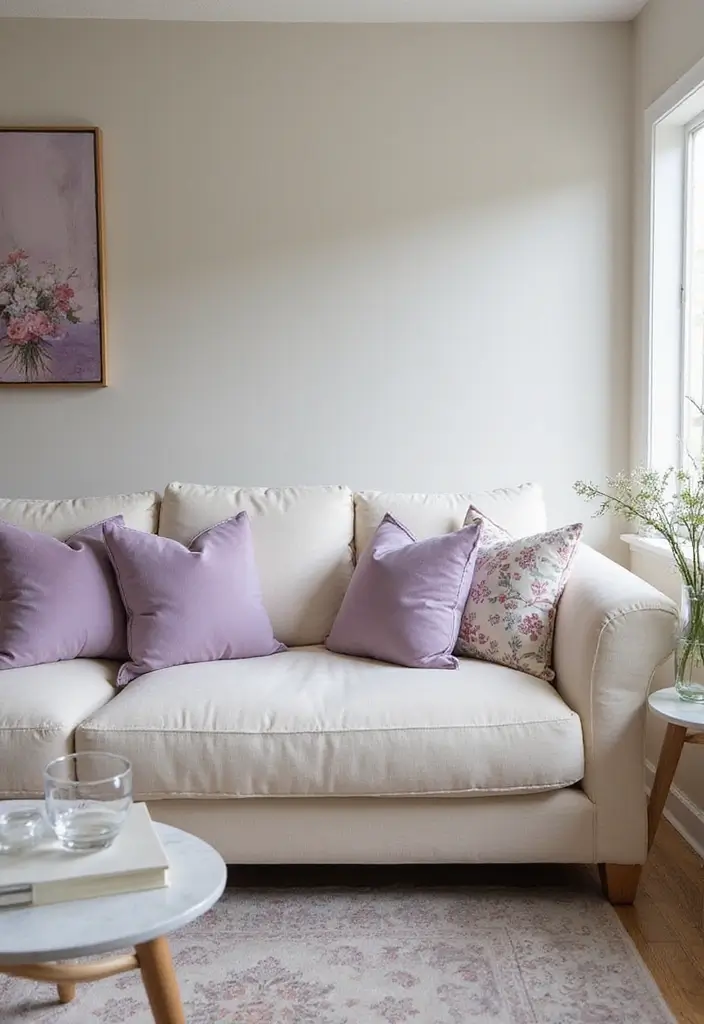 28 Cream Couch Pillow Color Schemes That Feel Calm and Modern 14 28 Cream Couch Pillow Color Schemes That Feel Calm and Modern - 14. Lavender and Cream