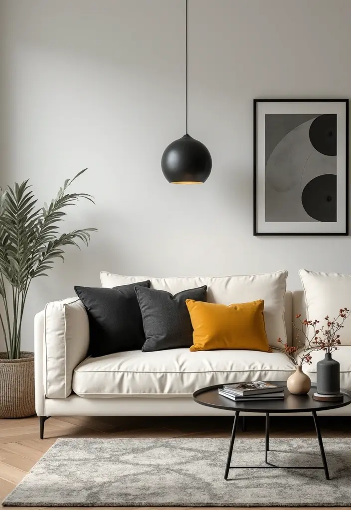 28 Cream Couch Pillow Color Schemes That Feel Calm and Modern 15 28 Cream Couch Pillow Color Schemes That Feel Calm and Modern - 15. Charcoal Grey and Mustard